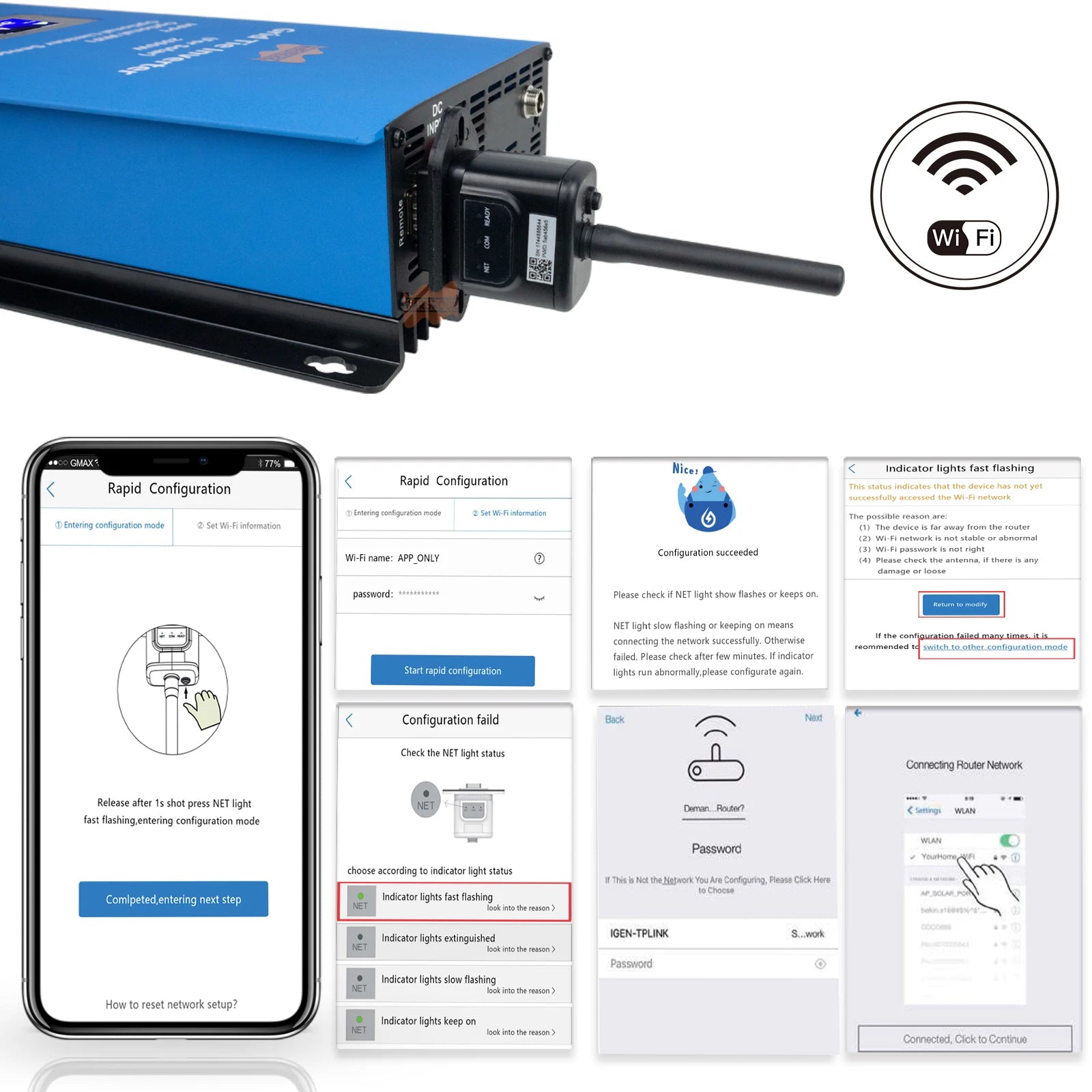 1000W 2000W Solar Inverter, Device connected to Wi-Fi, check configuration status: rapid flashes indicate success, abnormal flashing may require reconfiguration.