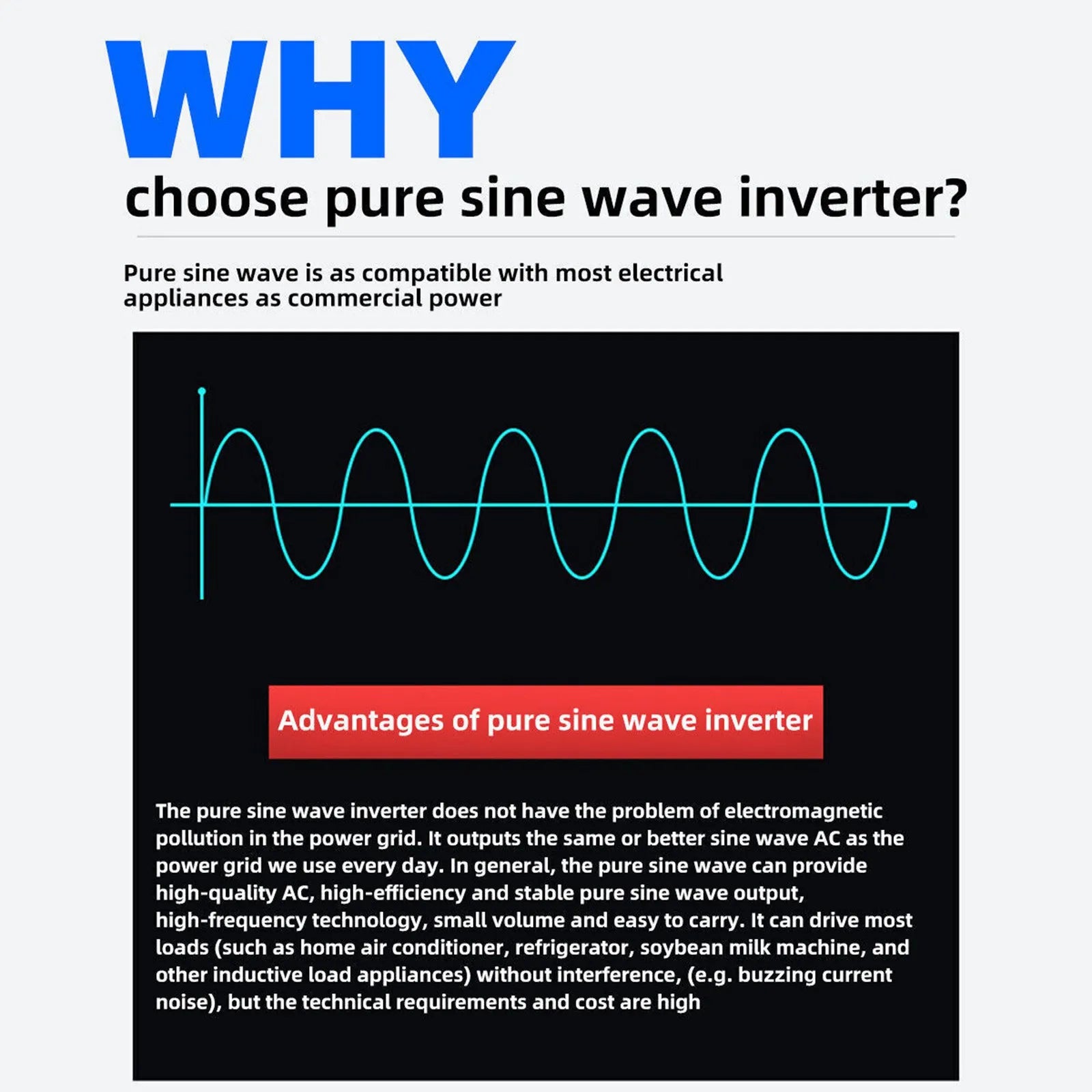 Pure sine wave inverter provides efficient and stable AC output for appliances.