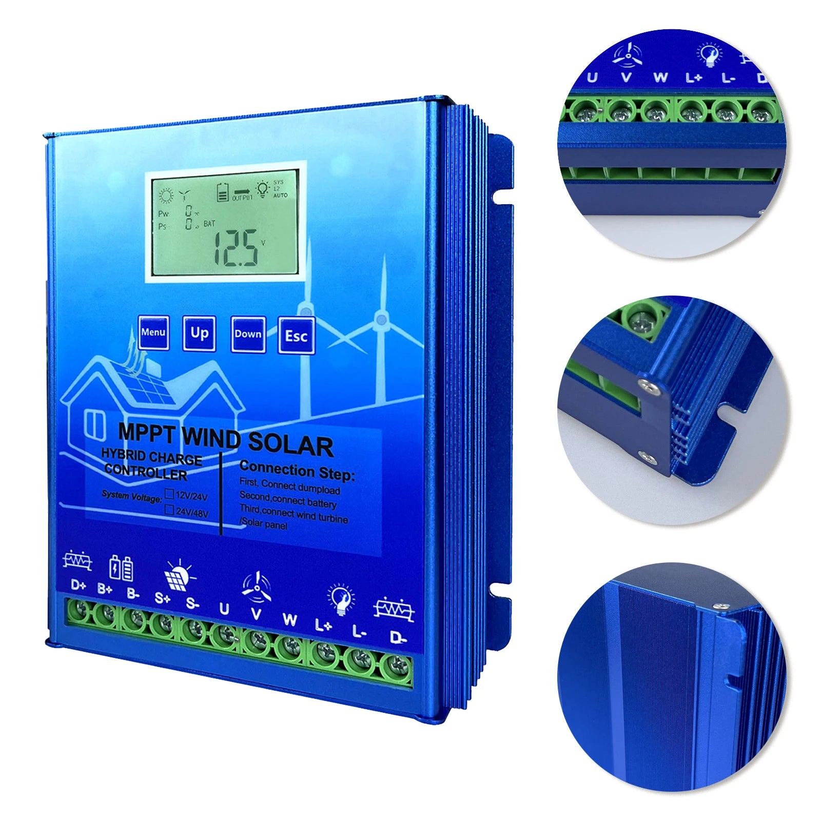 3000W MPPT Hybrid Solar Wind Charge Controller, MPPT hybrid charger supports 12V/24V/48V systems for lithium/lead-acid batteries, with WiFi regulator and wireless solar/wind connections.