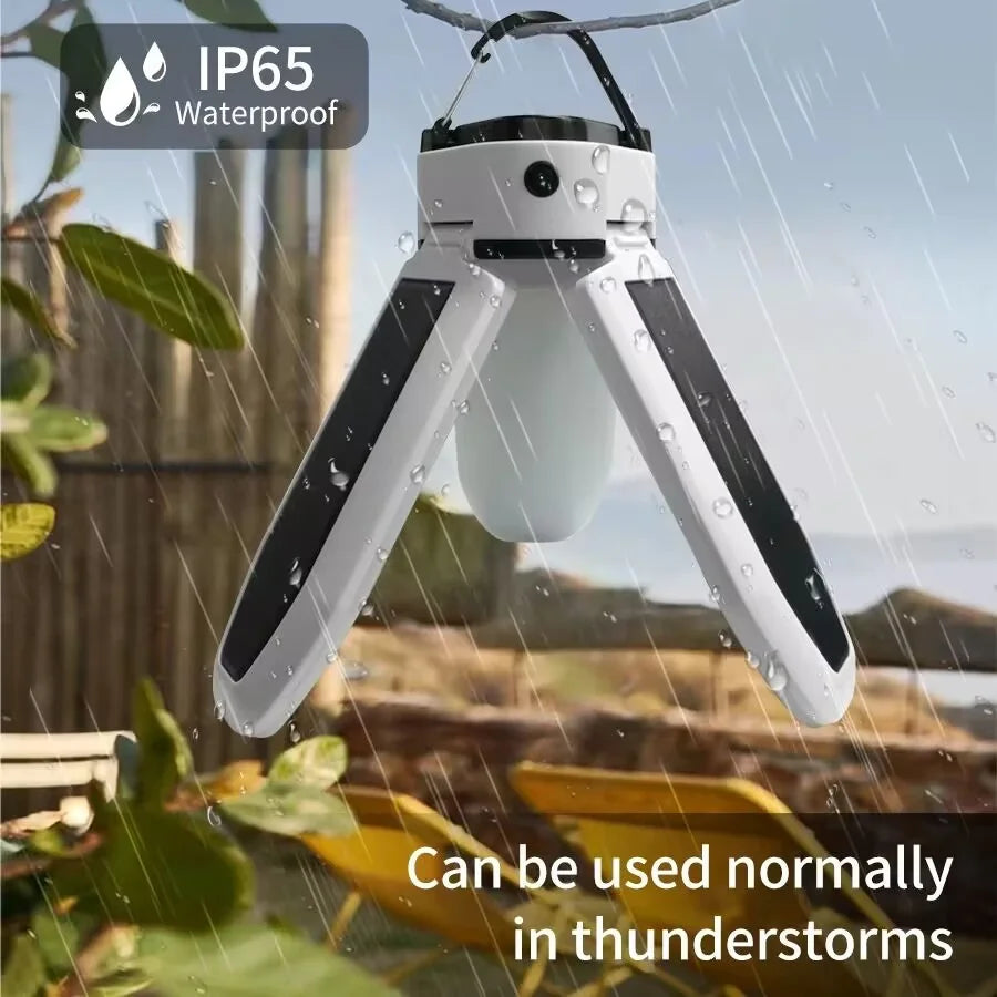 Portable LED Solar Camping Light, Waterproof IP6S rating ensures normal functioning even in thunderstorms.