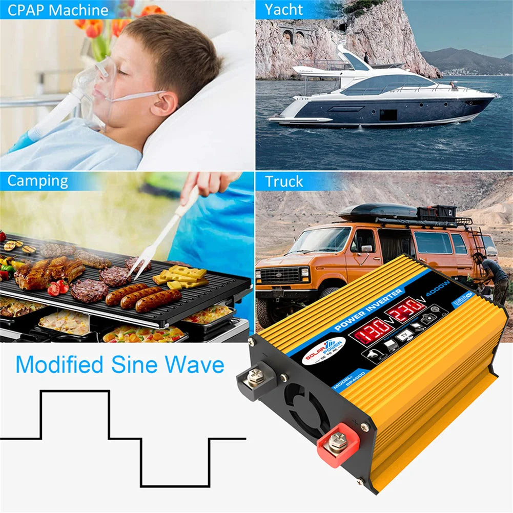 4000W Peak Solar Car Power Inverter, Modified sine wave car inverter for CPAP machines, camping, and truck use.