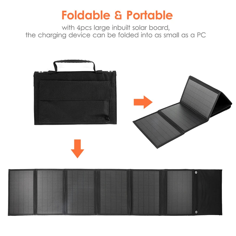 100W Solar Panel, Portable solar charger with compact design and 4 solar panels for easy carrying.