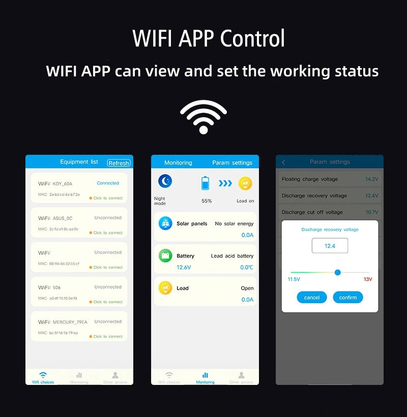WiFi APP Control Solar Charge Controller, Monitor and control solar panel settings with WiFi APP Control: adjust parameters and monitor performance.