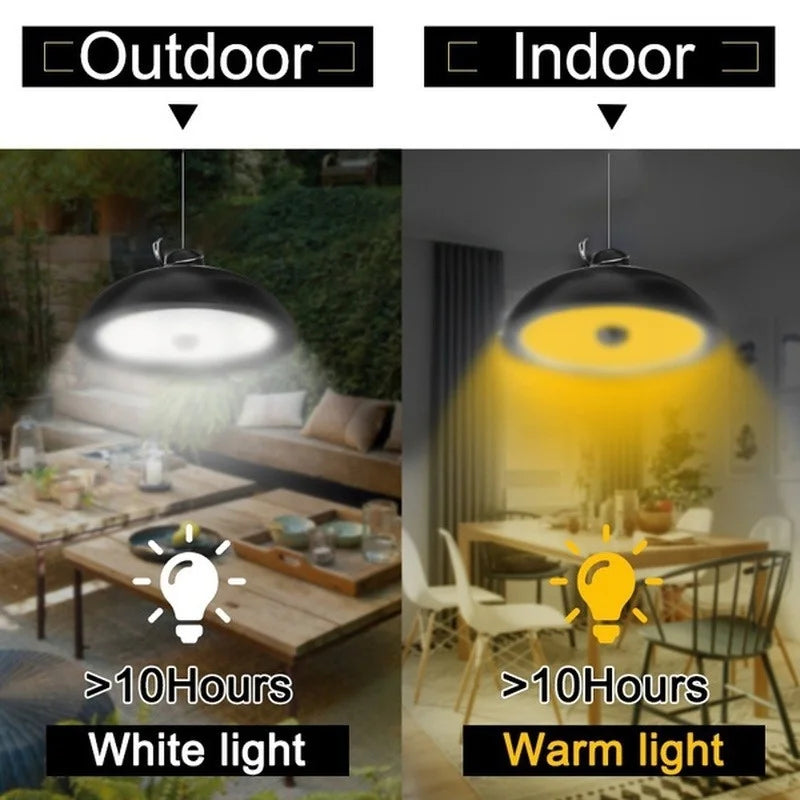 Water-resistant LED chandelier for indoor/outdoor use, provides up to 10 hours of light per charge.