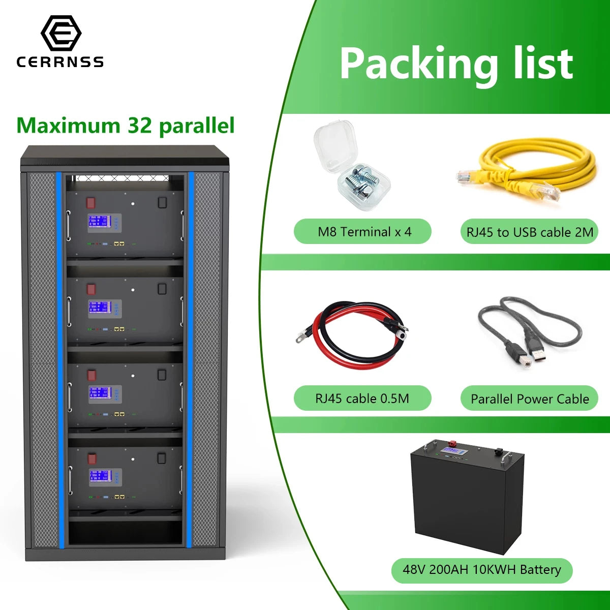 LiFePO4 48V 200AH 10KW Battery, Packaging includes 32-terminals, power cables, and accessories for a single 48V 200Ah 10kW LiFePO4 battery.