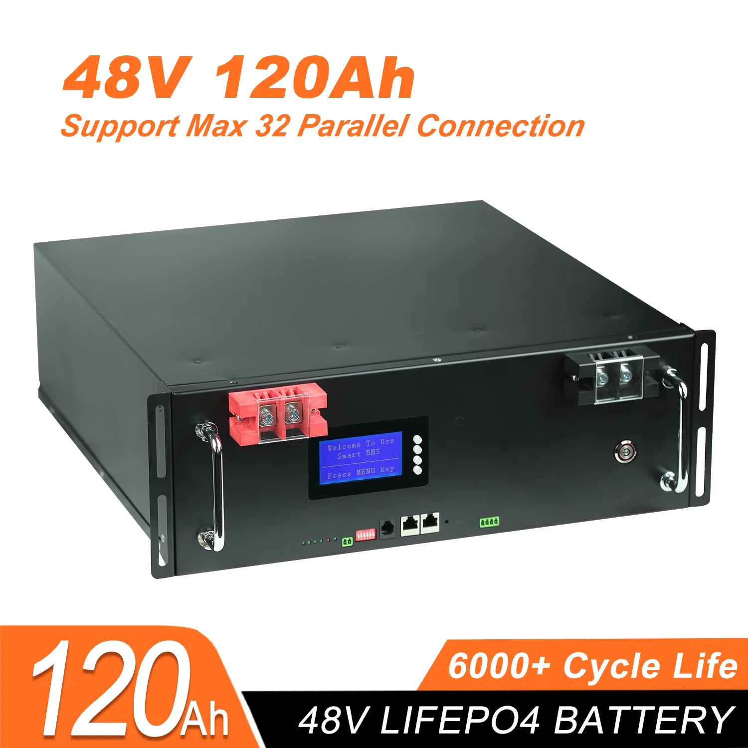 High-capacity battery supports up to 32 parallel connections and features 48V, 120Ah capacity.
