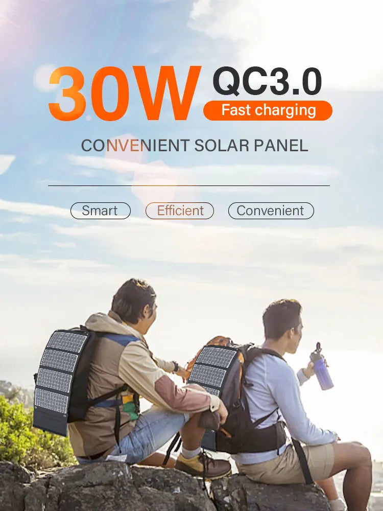 Camping ETFE 30W Solar panel, Charges devices quickly with 30W solar power and rapid charging tech.
