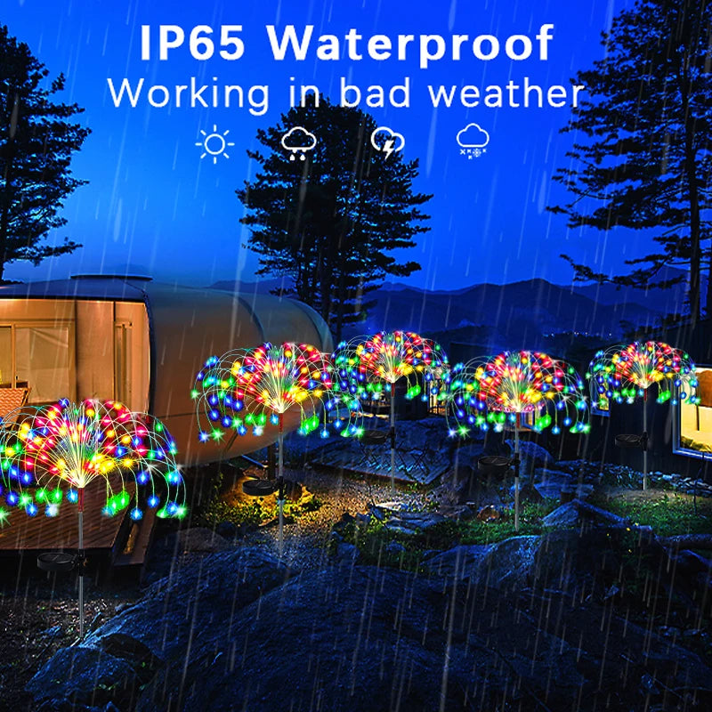 Solar LED Firework Fairy Light, Waterproof for use in rain or snow (IP66 rating).