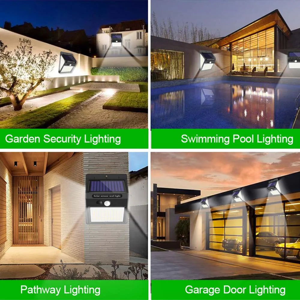 230 LED Solar Outdoor Garden Light, Waterproof solar light with motion sensor for pool, pathway, and garage door security.