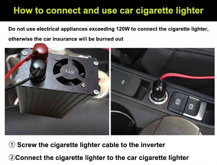 Pure Sine Wave Inverter, Connect cigarette lighter adapter to car's outlet for power, limiting usage to 120W.