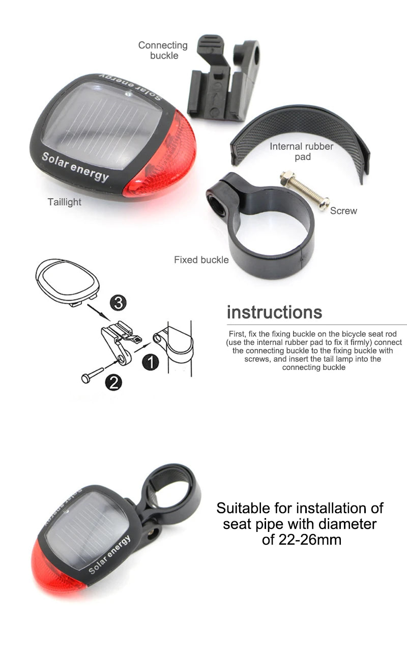 Bicycle Solar Powered MTB Tail Light, Attaches to seat post via buckle and screws; suitable for 22-26mm diameter tubes.
