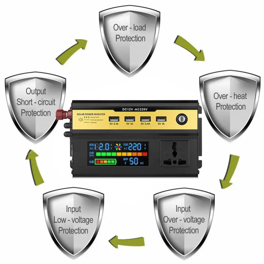 Power Inverter, Inverter with overheat/short-circuit protection, DC input, and AC output up to 10,000W.