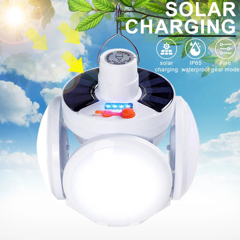 Portable Solar LED Light, Waterproof light charges via solar or USB, with adjustable brightness and outdoor rating.