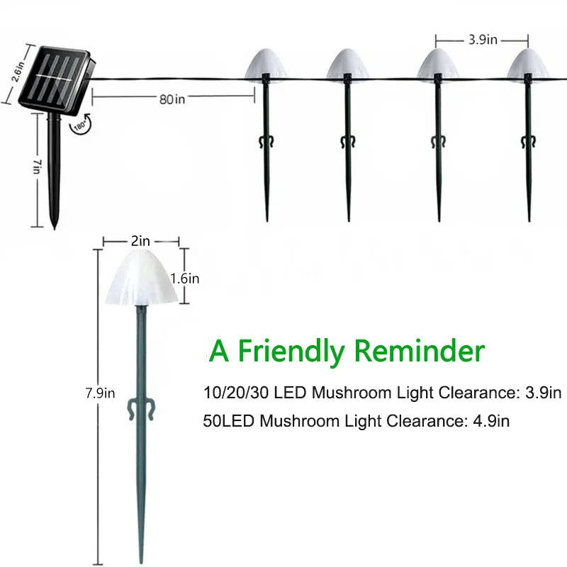 LED Outdoor Solar Garden Light, Mushroom-shaped LEDs spaced 80 inches apart, measuring 3.9 inches long with 1.6 inch clearance.