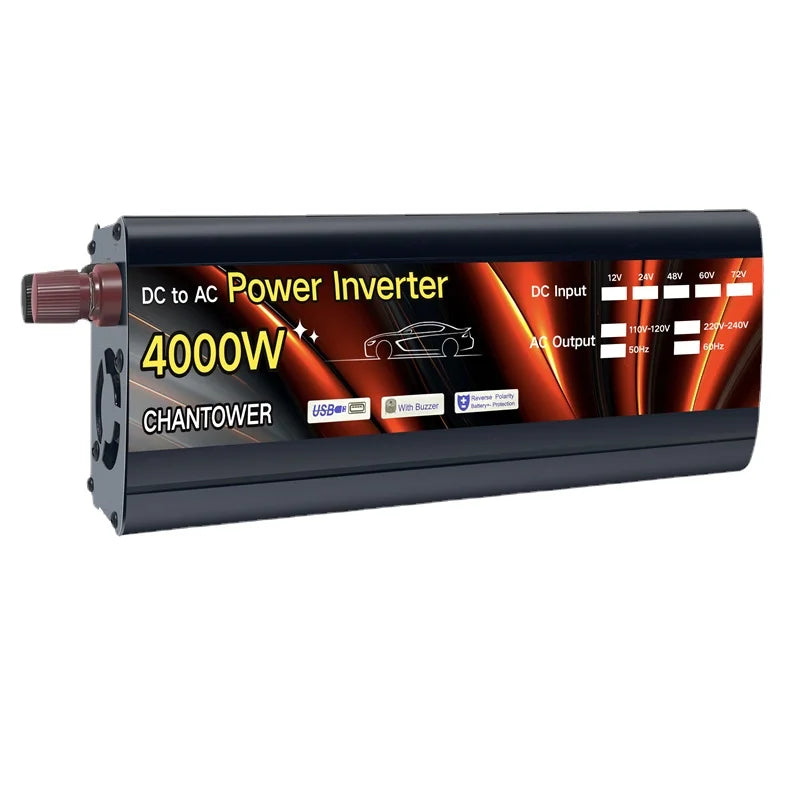 Solar Inverter, Power inverter converts 12V DC to 200V AC, suitable for 4000W applications, with USB port and 240V DC input.