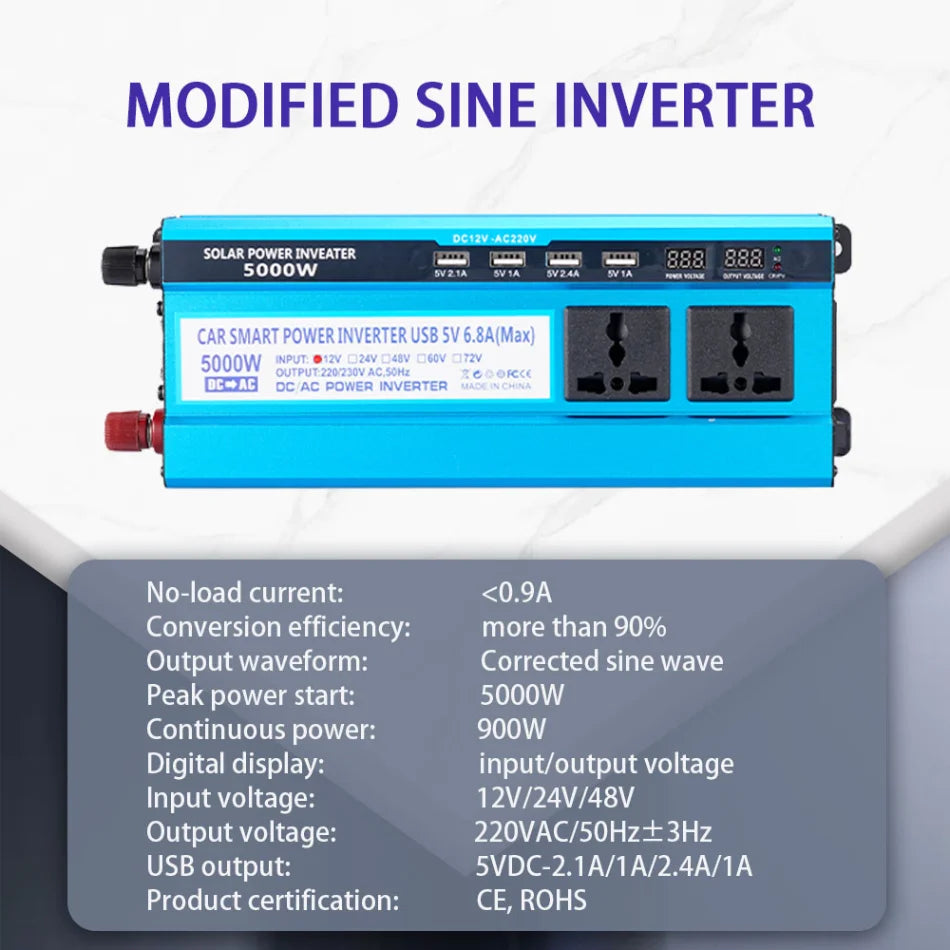 5000W Car Inverter with double LCD display, USB outlets, and advanced features for efficient solar power conversion.