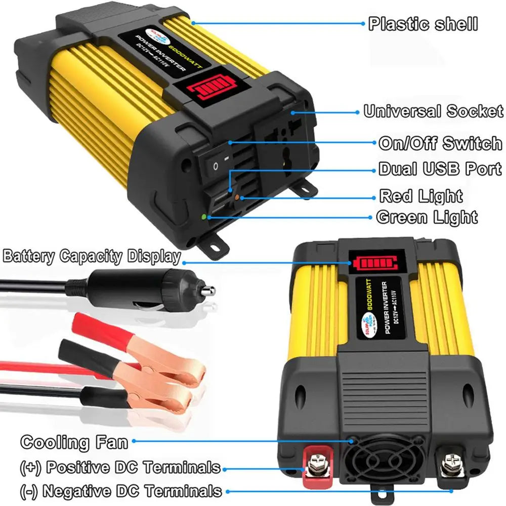 6000W Vehicle Power Pure Sine Wave Inverter, Portable power station with universal socket, USB ports, and indicator lights for charging compatibility.