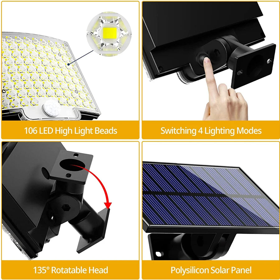 106 Solar Led Light, Outdoor lighting with 106 LEDs, adjustable modes, and solar power charging.