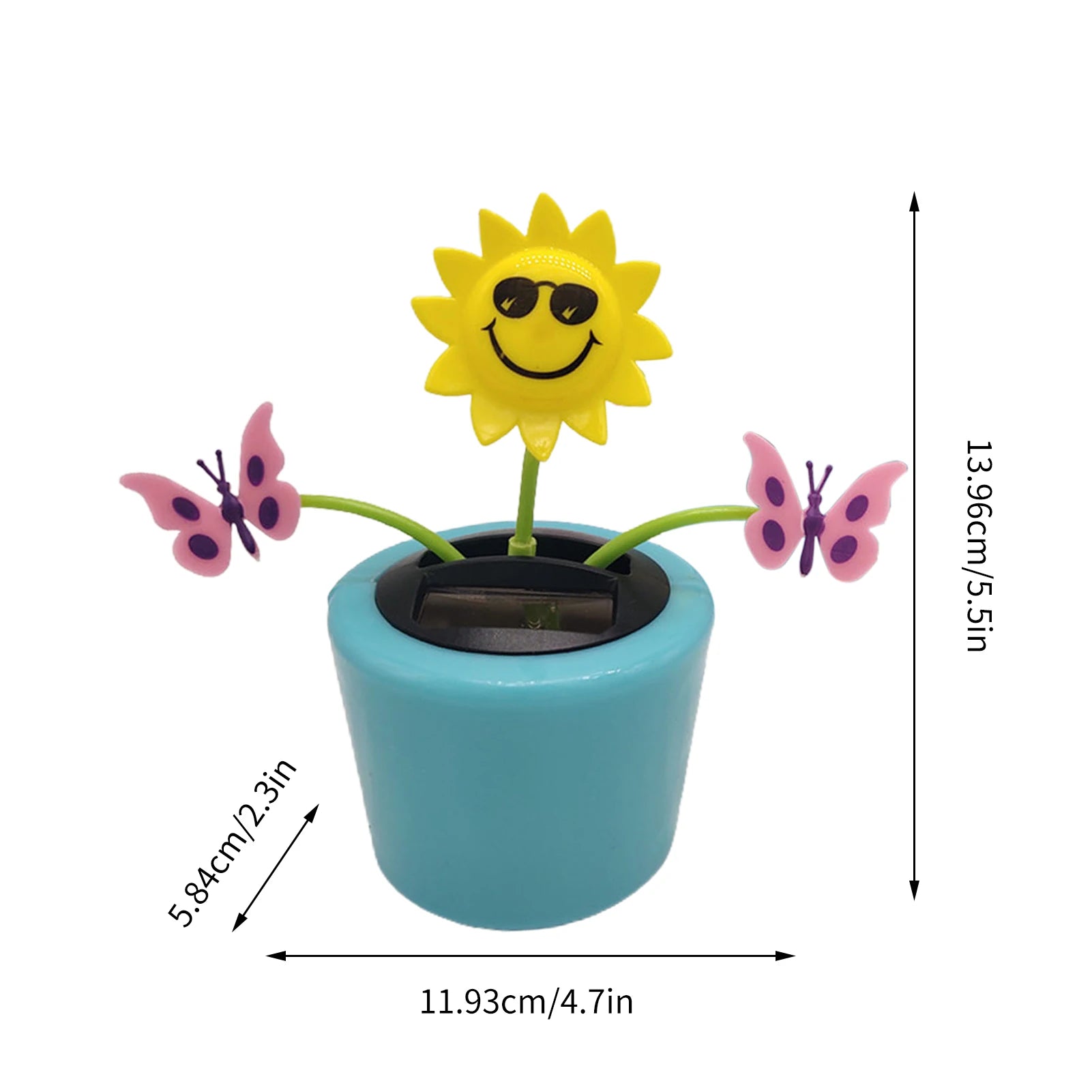 Solar Powered Dancing Flowers Swinging Toy, New Solar Dancing Flowers Ornaments, ABS material, 4.7x2.3x5.5 inches, with packing list and note on color variations.