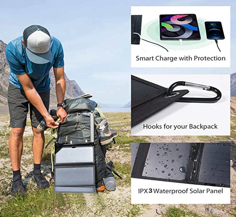 Foldable 28W 21W Solar Panel, Waterproof solar panel charges backpack's lithium battery with secure hooks for protection.