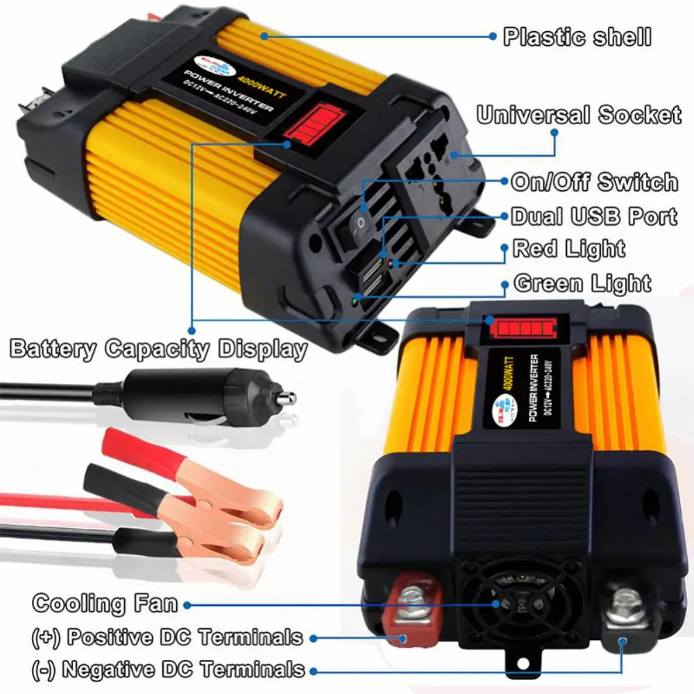 4000/6000W Solar Car Power Inverter, Portable power bank features LED lights, USB ports, and a cooling fan for monitoring and charging.