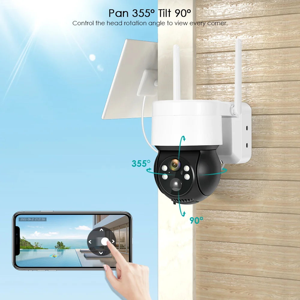 TQ2B - 1080P WiFi Solar Camera, Control the pan and tilt (35.5° horizontal, 90° vertical) for all-around coverage.