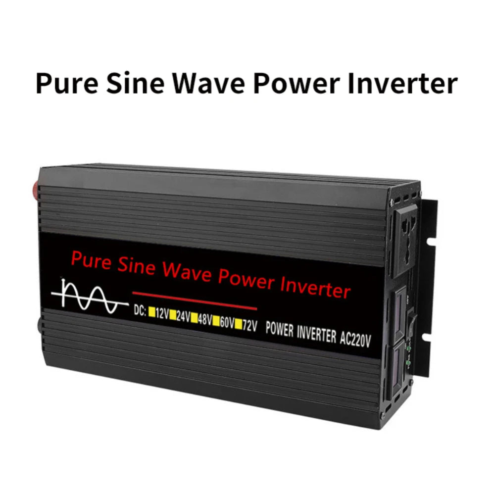 Pure sine wave inverter converts 12V solar power to 220V AC for car or home use.