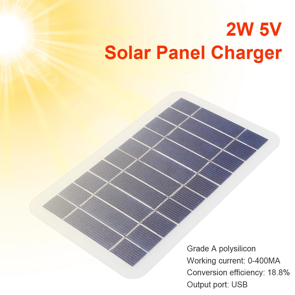 5V 400mA Solar Panel, Grade-A polysilicon solar panel charger for USB devices producing 2W power at 5V.