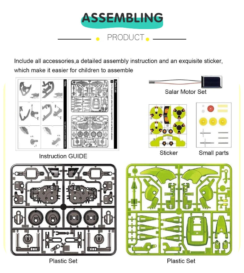Build your own solar-powered robot toy kit for kids with easy instructions.