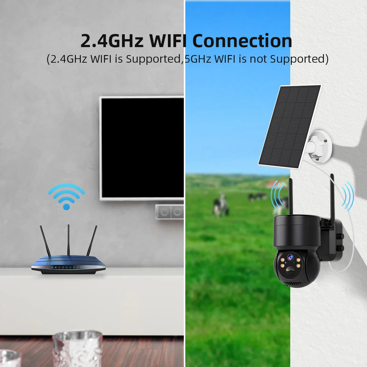 WiFi PTZ Camera, Connect via 2.4GHz Wi-Fi for wireless transmission, with support for this frequency only.