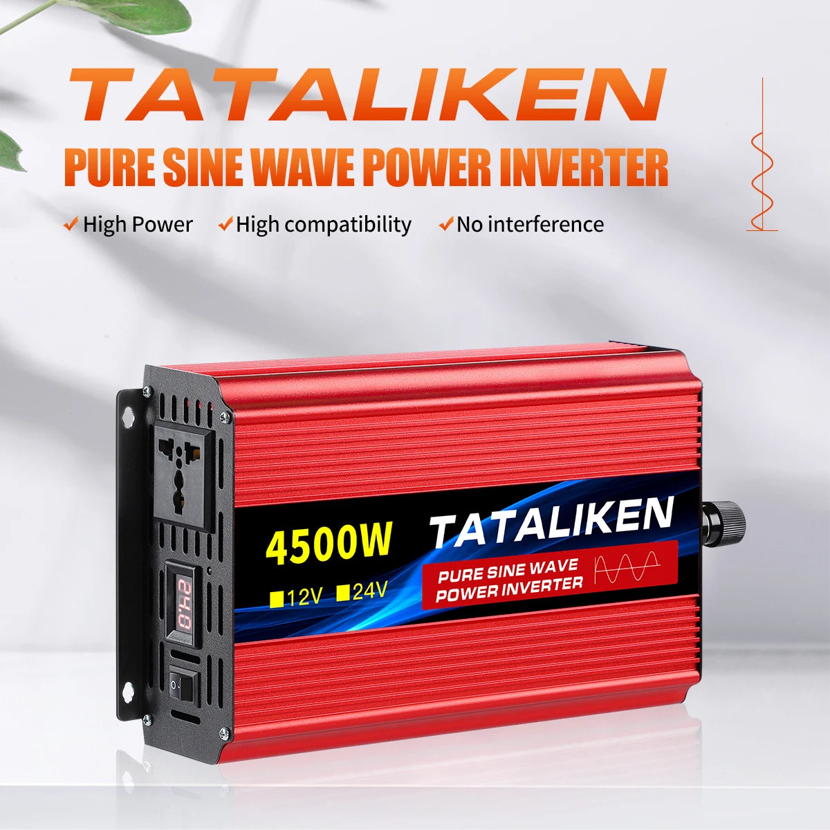 High-power inverter producing pure sine waves, compatible with 12V/24V DC input and outputting 220V AC power.