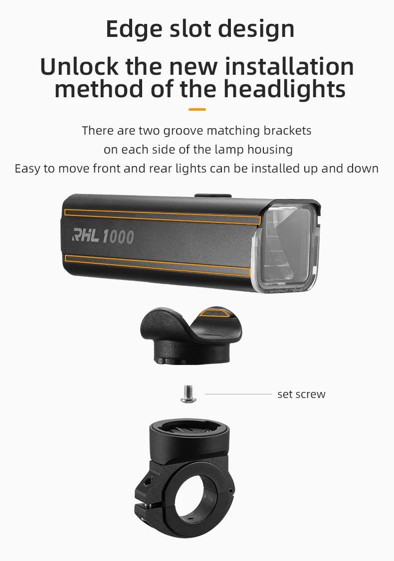 ROCKBROS D3-1000 Bike Front Light, Easy installation with precision placement and secure attachment using edge slots.