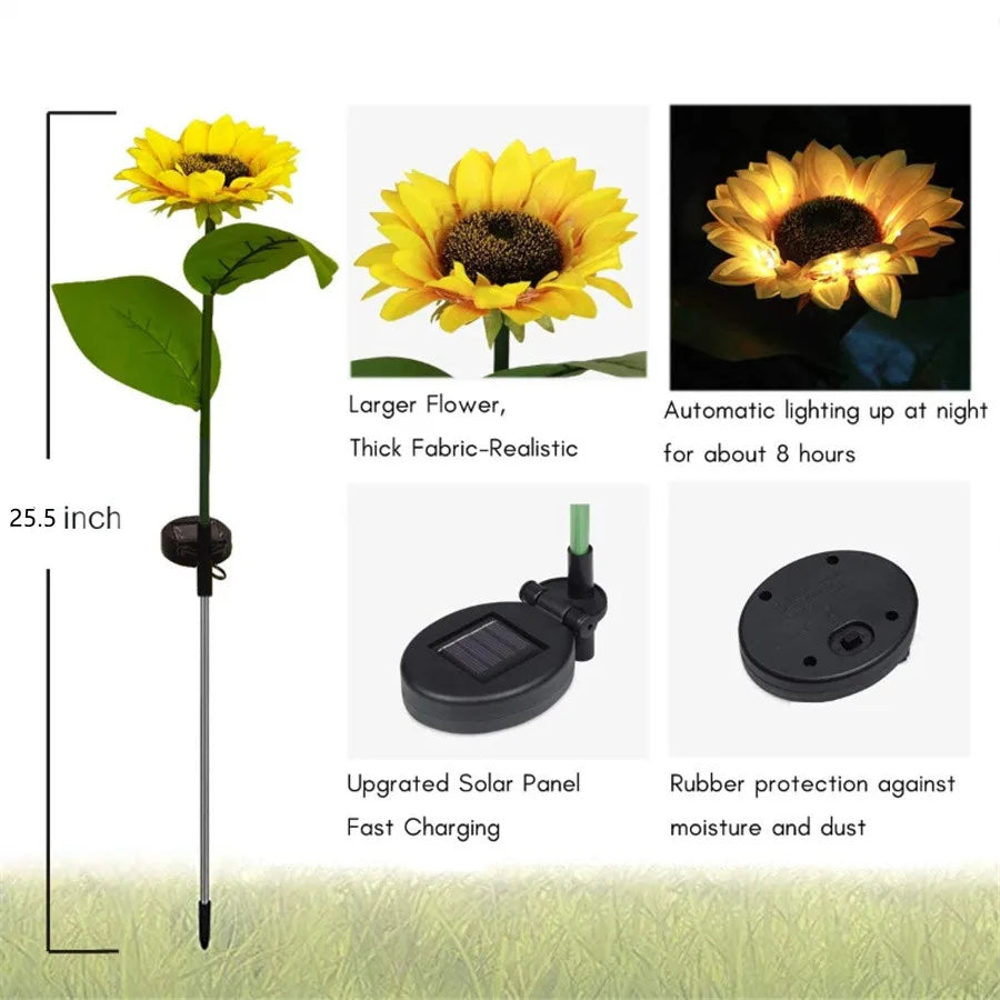 Solar Sunflower Outdoor Light, Sunflower-shaped automatic nightlight with 8-hour timer, weather-resistant solar panel, and realistic design.