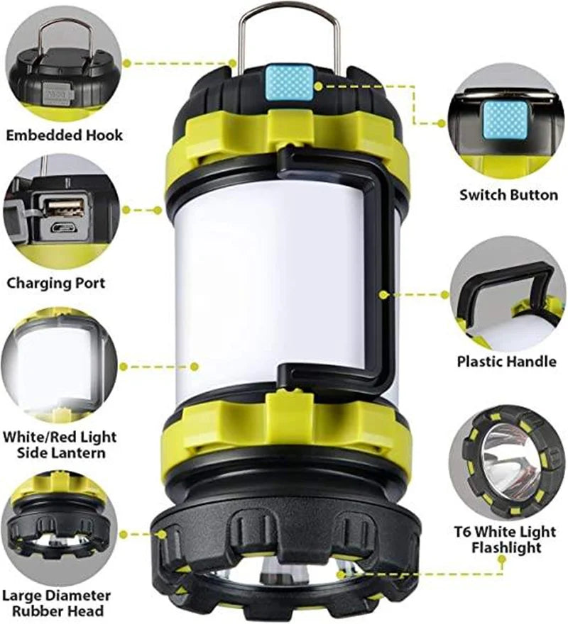 Camping lantern with hook, switch, and charging port; features white and red lights and a durable rubber head.