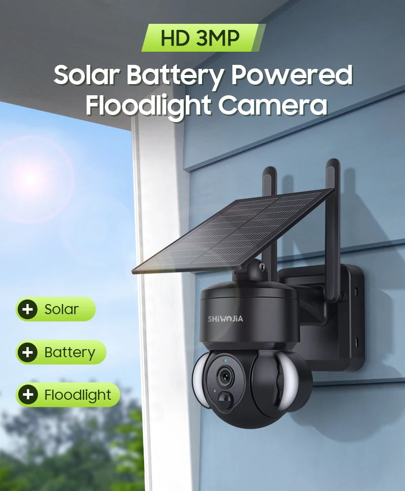 SHIWOJIA 516C Solar Camera, HD night vision camera with 3MP color resolution, wireless connectivity, and solar-powered battery.