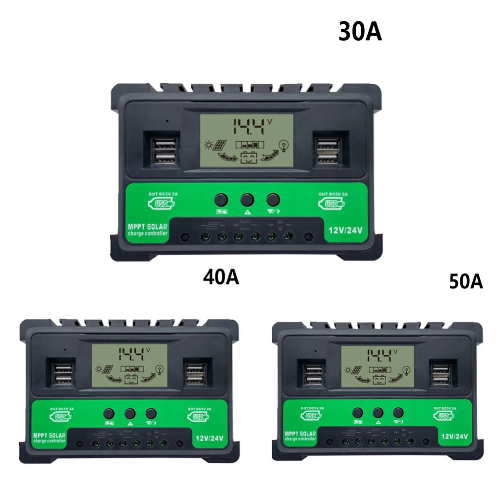 30A 40A 50A MPPT Solar Charge Controller, Solar Charge Controller for 12V/24V panels, regulating battery voltage and charging lithium-ion/LifePO4 batteries with auto-switch and overcharge protection.