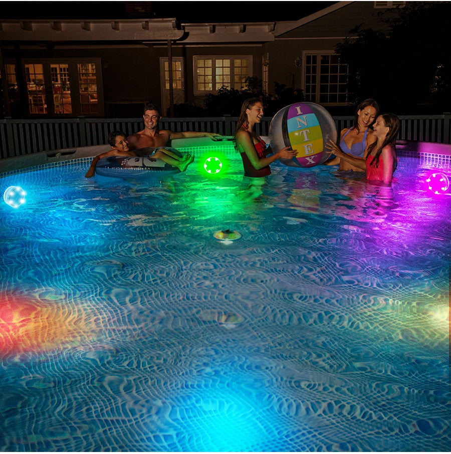 Solar LED Pool Light, Solar-powered pool light with remote control, LED bulbs, and waterproof design for underwater use.