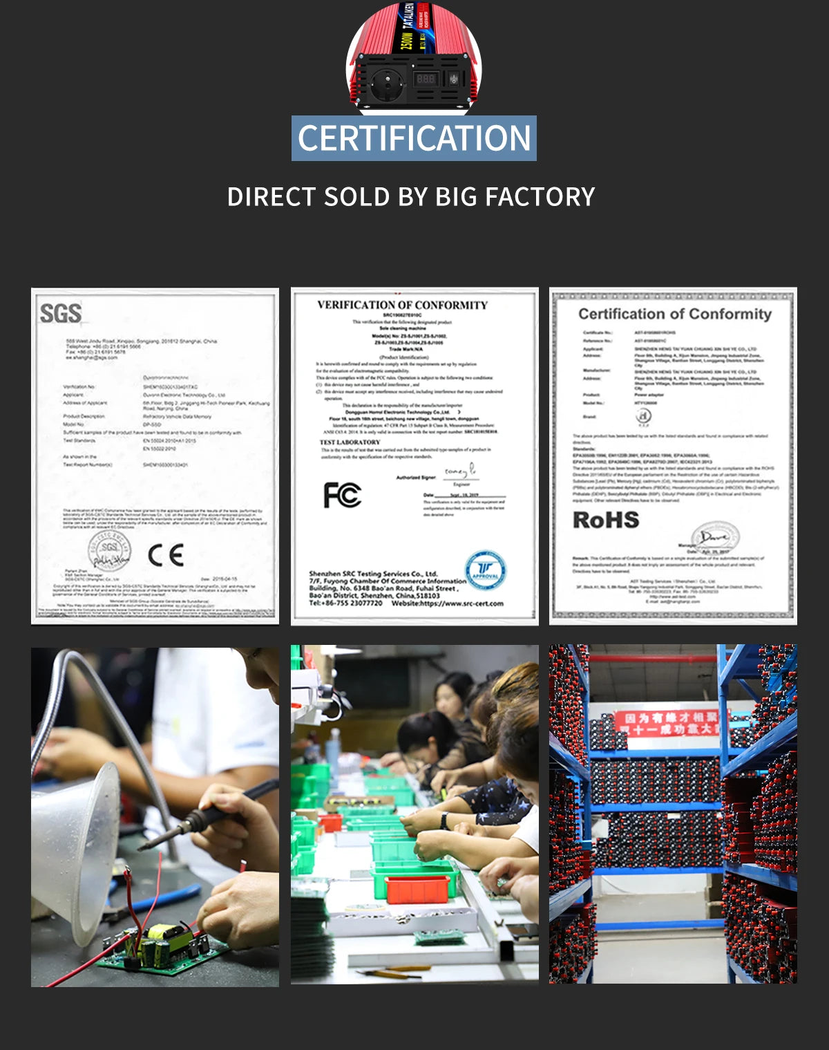 Inverter, SGS-certified product meets EU safety and environmental standards (RoHS) and Chinese national standards.