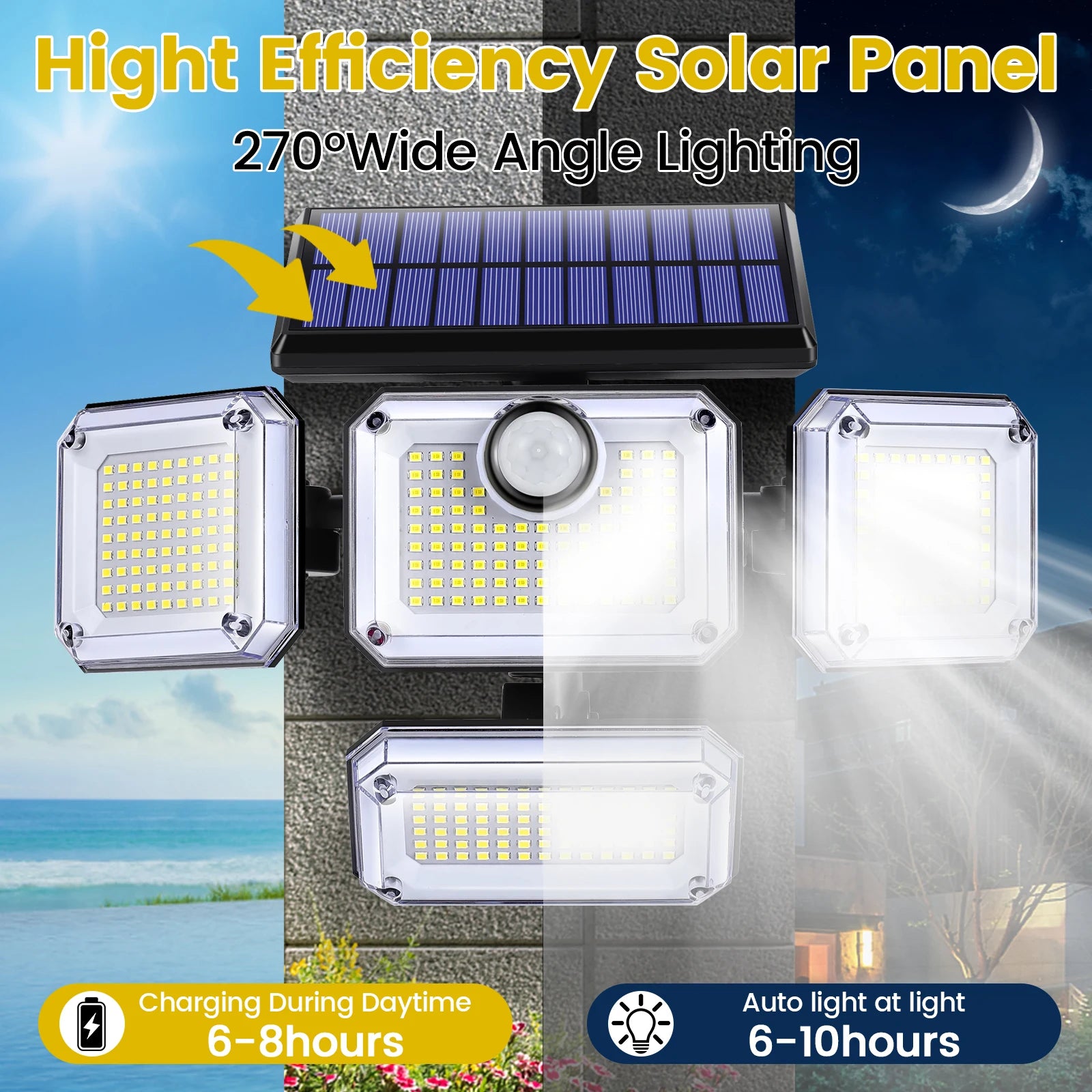 Solar Light, Efficient solar panel with wide-angle lighting, charging during day and illuminating for 6-10 hours.