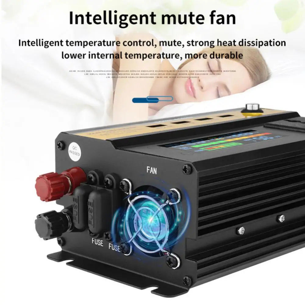 Power Inverter, Intelligent cooling with silent fan, temperature control, and enhanced heat dissipation for improved durability.