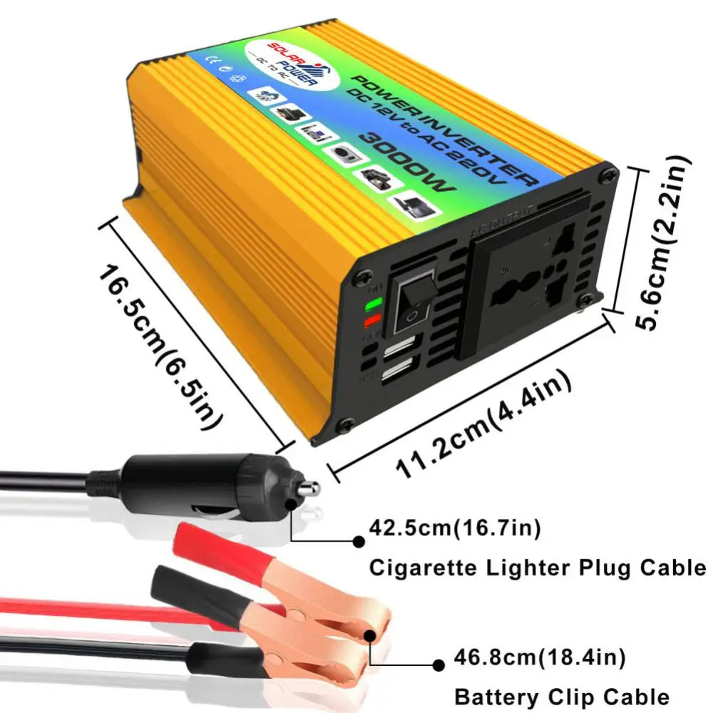 3000W Peak Solar Car Power Inverter, Solar-powered inverter converts DC to AC, charges multiple devices via USB and displays real-time data on an LCD screen.