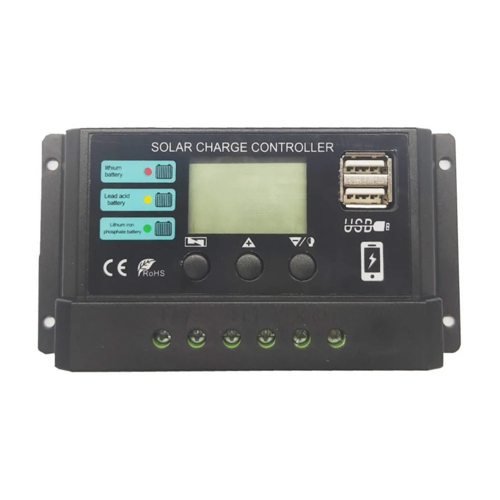 10A/20A/30A Solar Charge Controller, Solar charge controller for lead-acid and lithium batteries with dual USB ports and adjustable PWM settings.