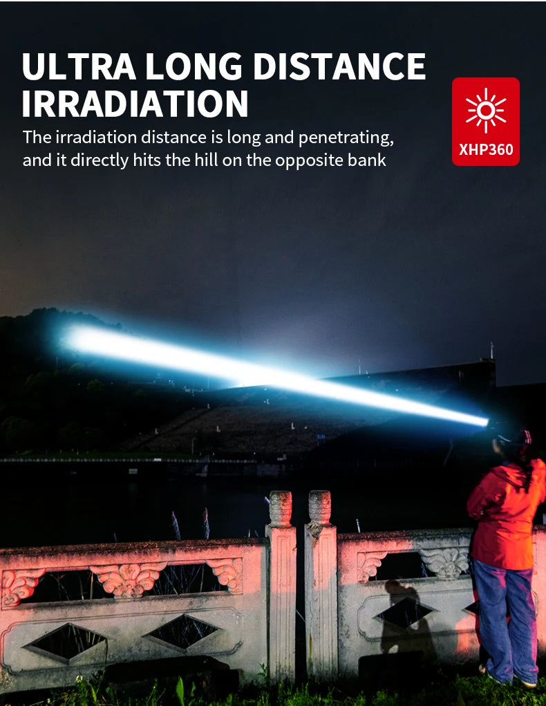 Powerful beam illuminates distant shore with brightness.