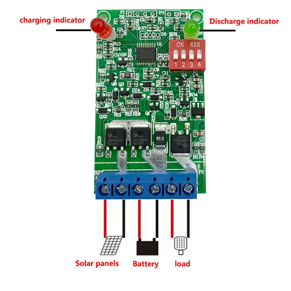 Solar-powered lawn light controller board with charging/discharge indicators and battery level UI.