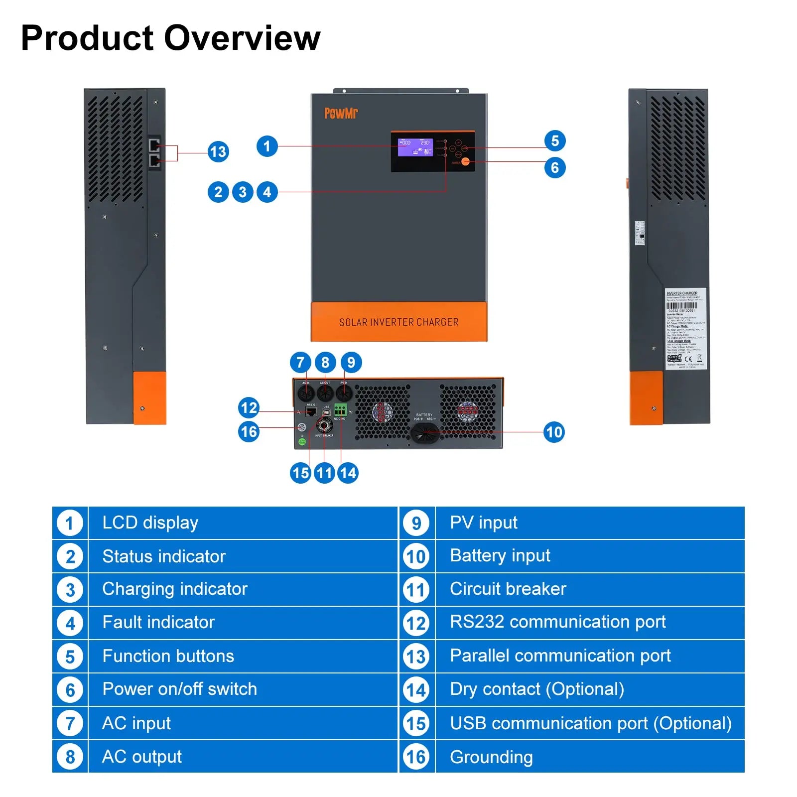 PowMr 5KW Hybrid Solar Inverter, Hybrid solar inverter for parallel connection, 9 units max, pure sine wave, 5kW, MPPT, 80A, 48V, 3-phase, 380V.