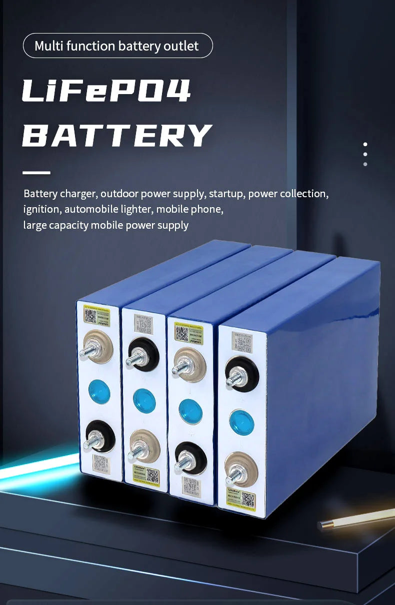 Liitokala 3.2V 105Ah LiFePO4 battery, Multifunctional battery for charging devices like phones and cars with USB port.