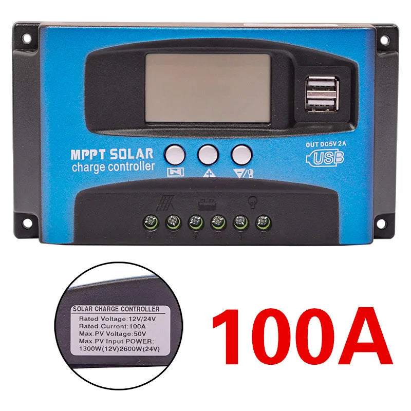 30/40/50/60/100A MPPT Solar Charge Controller, MPPT solar charge controller for 12V or 24V systems with LCD display and dual USB ports.