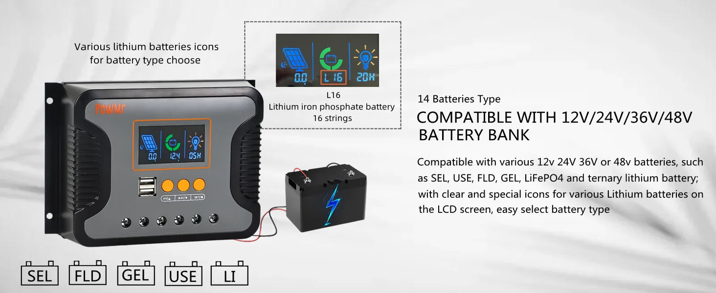 PowMr PWM 80A 60A 30A Solar Charge Controller, Multi-battery charger with clear LCD display for various lithium and lead-acid types.