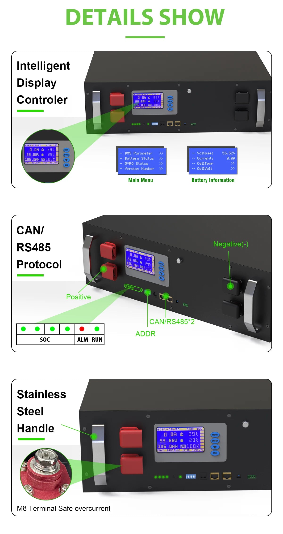 48V LiFePO4 100Ah 200Ah Lithium Battery, Intelligent display with control panel, battery status, current reading, and BMS parameters for electric vehicle charging.