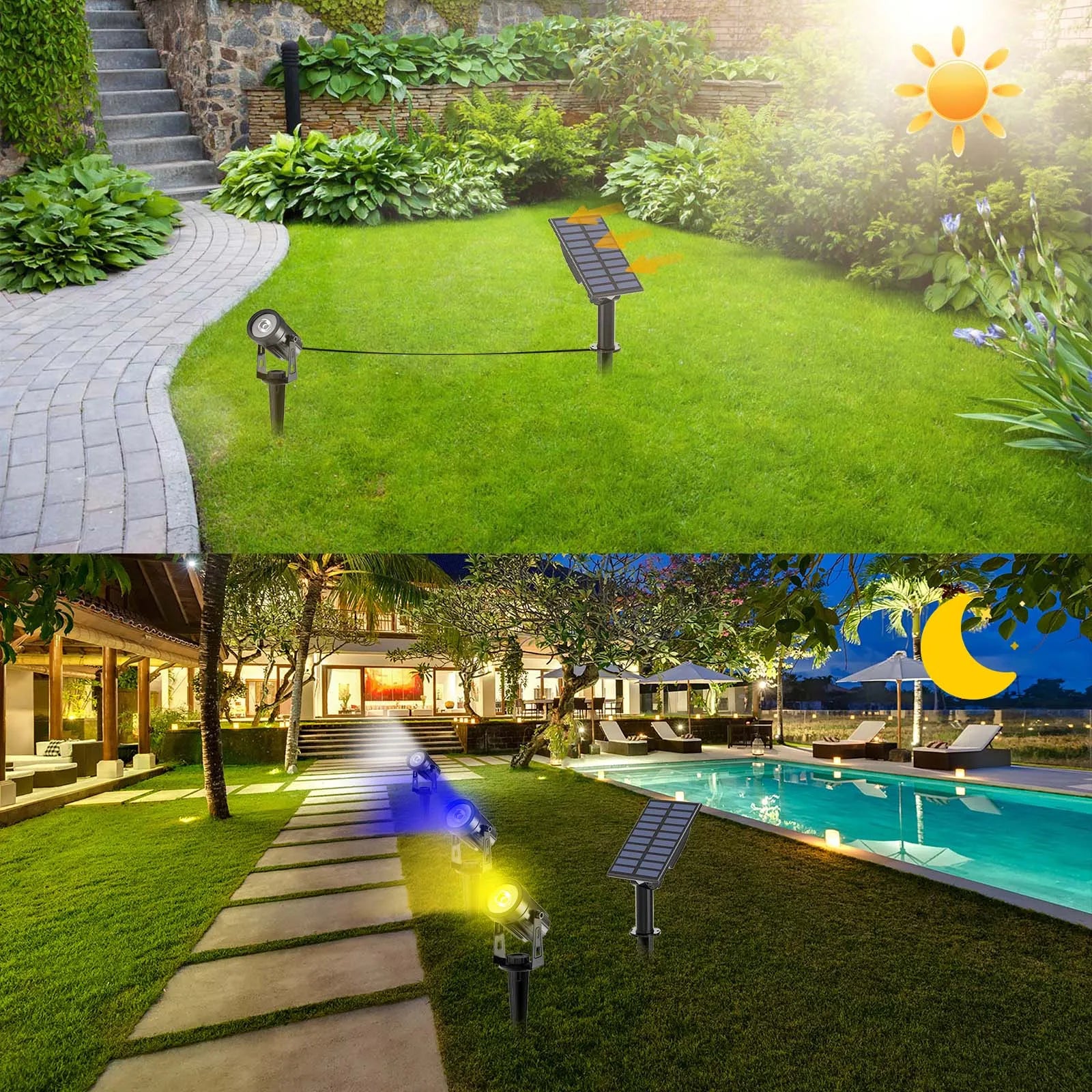T-sunrise Solar LED Outdoor Light, Press and hold switch for 3-5 seconds to turn on/off; short press for mode switching.